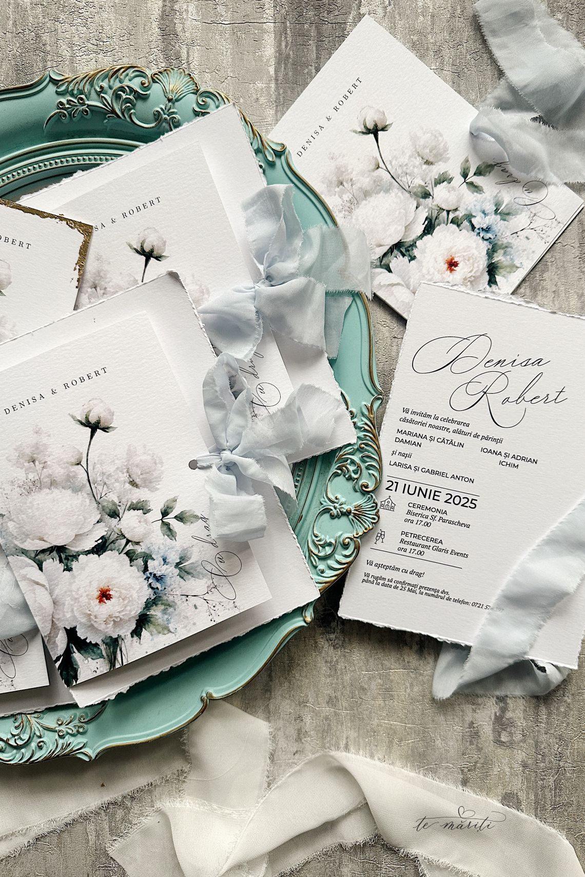 Invitatie de nunta cu bujori albi